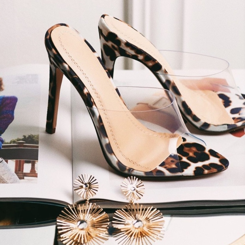 Leopard Clear Strap Heel Mules